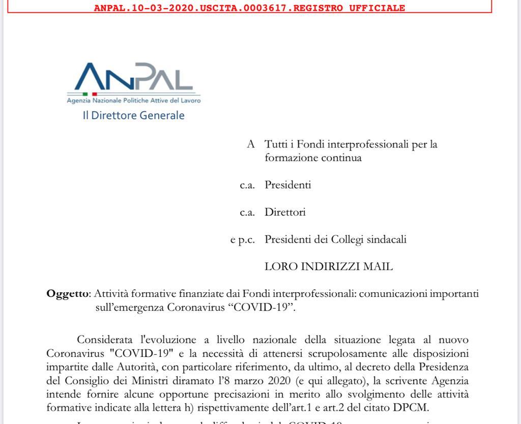 Nota Anpal 3617 del 10/03/2020 – Emergenza Covid 19: Attività formative in modalità digitali solo se tracciabili