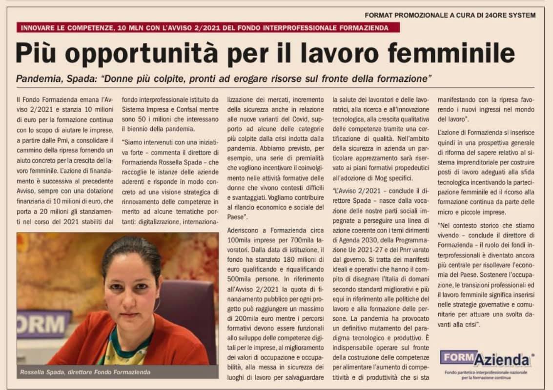 DA IL SOLE 24 ORE – PIÚ OPPORTUNITÁ PER IL LAVORO FEMMINILE